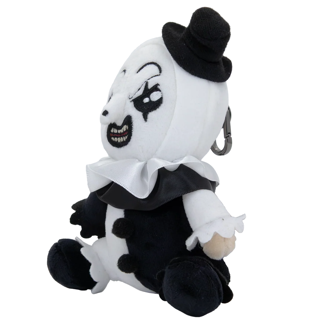 A plush toy of a creepy clown character with a white face, black makeup, a black top hat, and a black-and-white ruffled collar, shown on a plain white background.