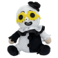 A plush doll toy with a split black-and-white body, yellow sunflower-style eyes, a black hat, and a white ruffled collar, photographed on a plain white background.