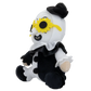 A plush toy character with a white and black clown-like outfit, a black top hat, and a large yellow sunflower over one eye, shown on a plain white background.