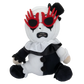 A plush toy doll dressed as a clown, featuring a white and black split outfit, red spiky sunglasses, and a black top hat, isolated on a white background.