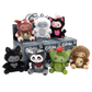 Collection of Cryptid plush toys in front of their packaging on a white background