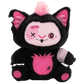 Black and pink plush toy with cat-like design on a white background
