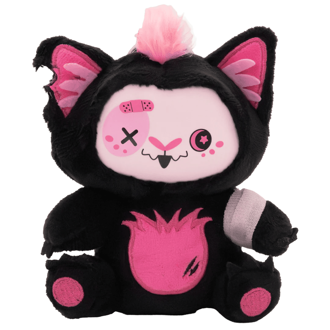 Black and pink plush toy with cat-like design on a white background