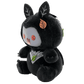 Black plush toy with leaf designs on a white background