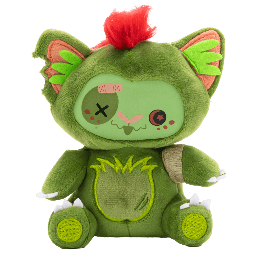 Green plush toy with red hair on a white background
