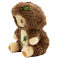 Plush toy with a brown hood and leaf designs on a white background