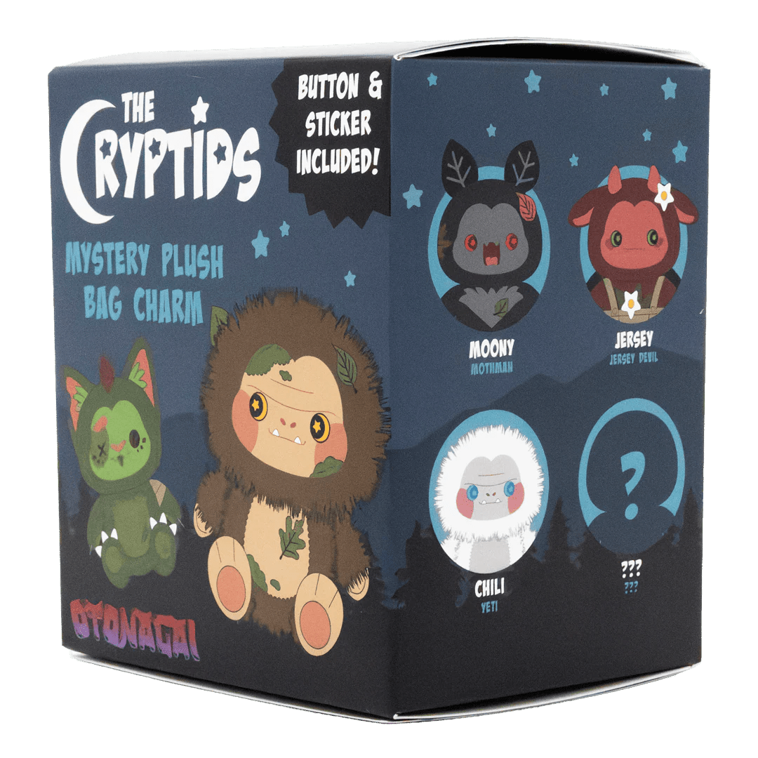 Box of 'The Cryptids' mystery plush bag charm with character illustrations on a dark blue background.