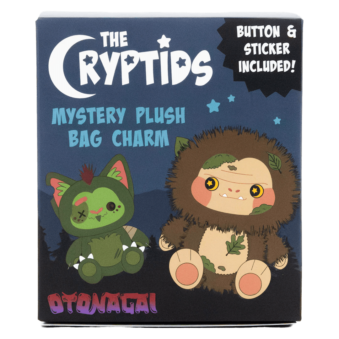 Box for 'The Cryptids' mystery plush bag charm with two characters on a dark blue background.