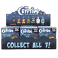 Display of 'The Cryptids' mystery plush bag charm packaging with character illustrations on a white background.
