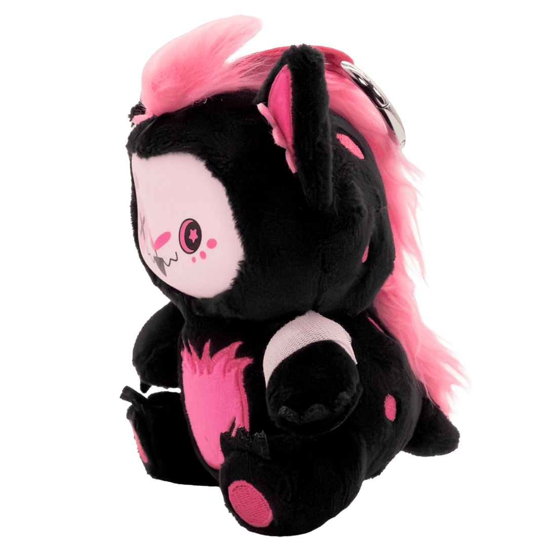 Plush toy with black and pink design on a white background