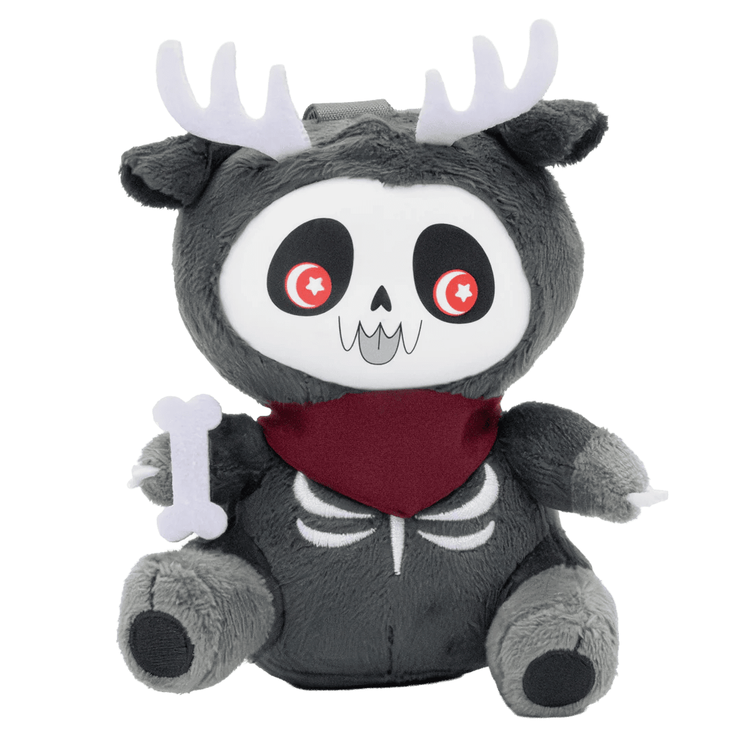 Plush toy with skeleton design and deer antlers on a white background