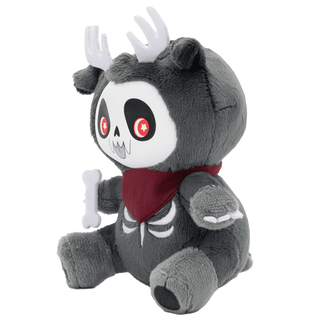 Gray plush toy with skull design on a white background