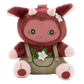 Plush toy with a red hood, green overalls, and flower decorations on a white background
