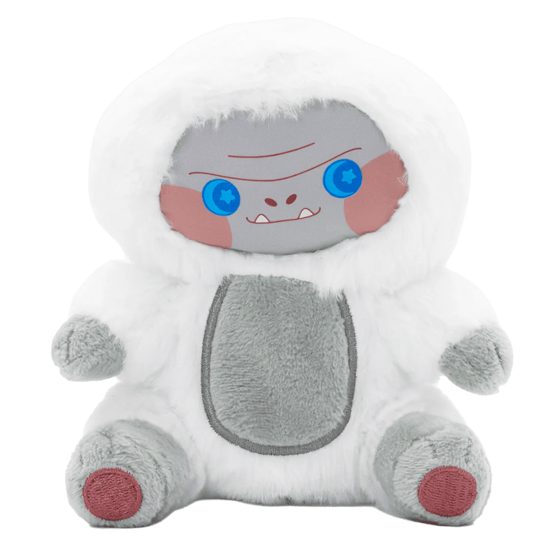 Plush toy resembling a character with blue eyes and gray and white fur on a white background