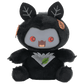 Black plush toy with leaf-like ears and a surprised expression on a white background