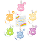 Set of colorful Care Bear keychains with a transparent packaging card featuring rainbow designs.