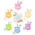 Set of colorful Care Bear keychains with a transparent packaging card featuring rainbow designs.