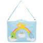 Light blue bag with cartoon characters and rainbow design on a white background