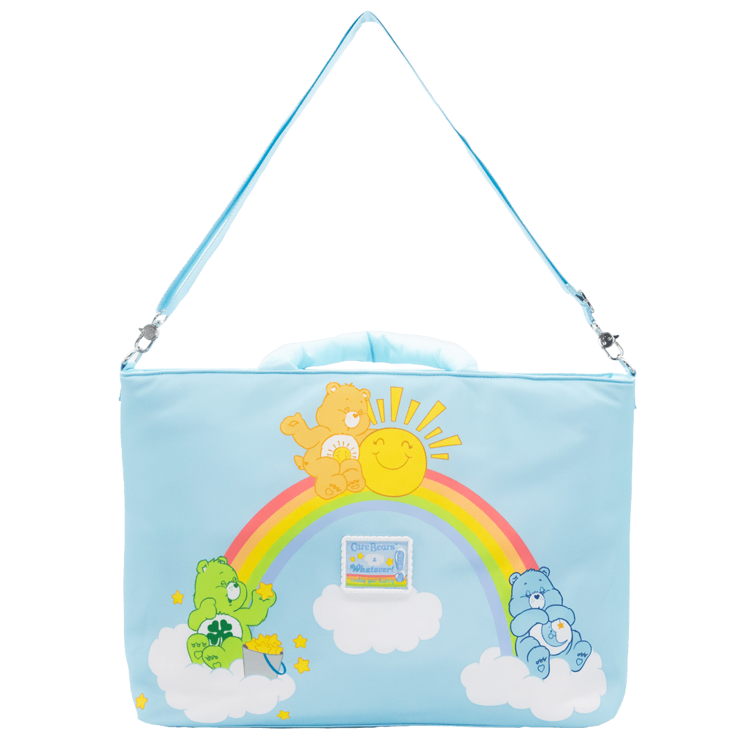 Light blue bag with cartoon characters and rainbow design on a white background
