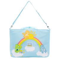 Light blue bag with cartoon characters and rainbow design on a white background