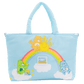 Light blue tote bag with cartoon characters and a rainbow on a white background