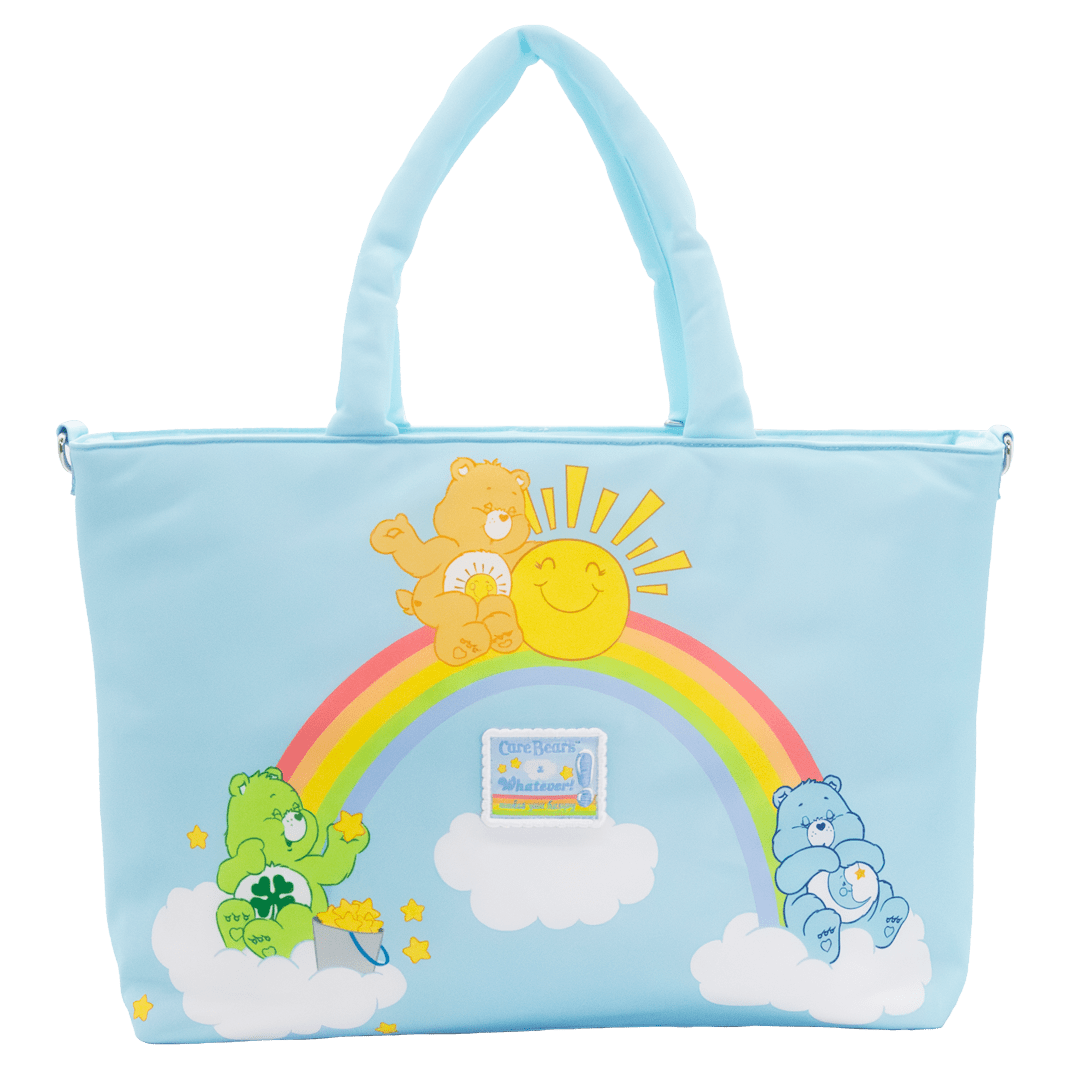 Light blue tote bag with cartoon characters and a rainbow on a white background