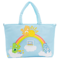 Light blue tote bag with cartoon characters and a rainbow on a white background
