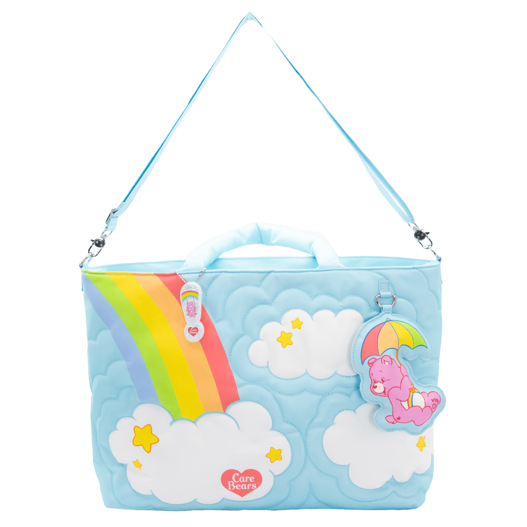 tote bag with rainbow and cloud design on a white background