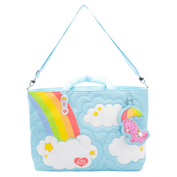 tote bag with rainbow and cloud design on a white background