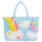  tote bag with rainbow and cloud design on a white background