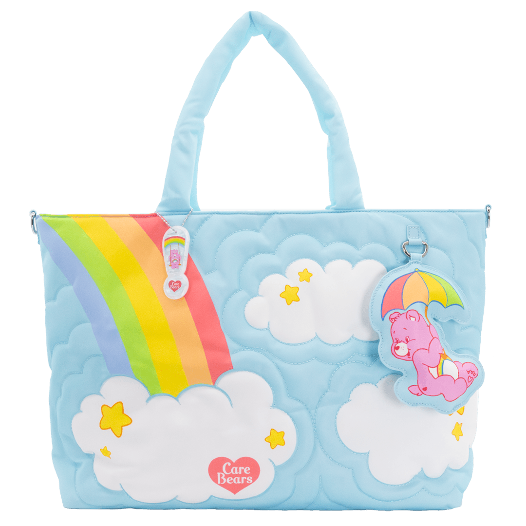  tote bag with rainbow and cloud design on a white background