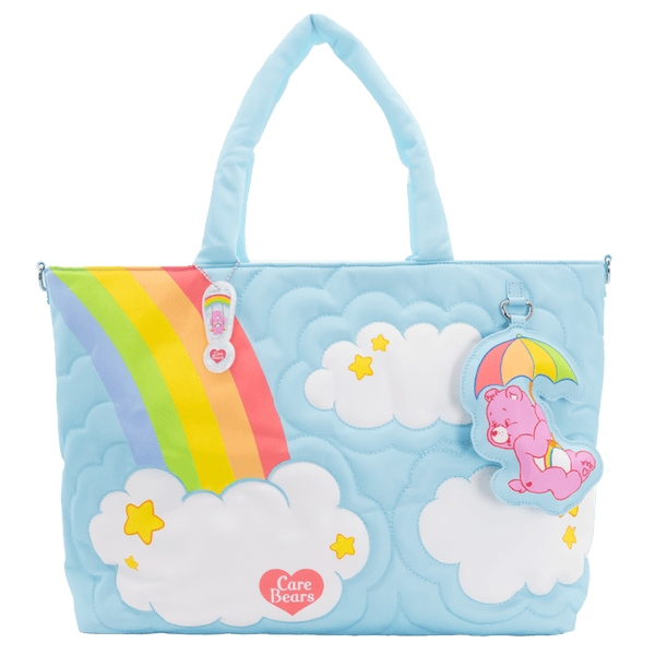  tote bag with rainbow and cloud design on a white background