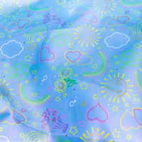 Colorful pattern of hearts, stars, and other shapes on a blue background