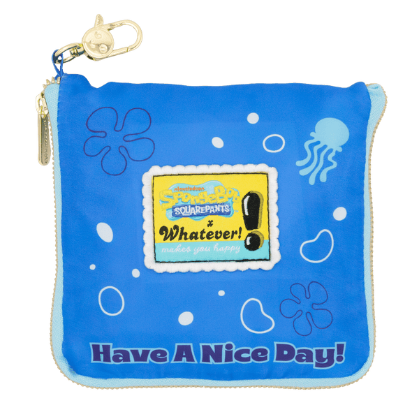 Blue pouch with cartoon character design and text on a white background
