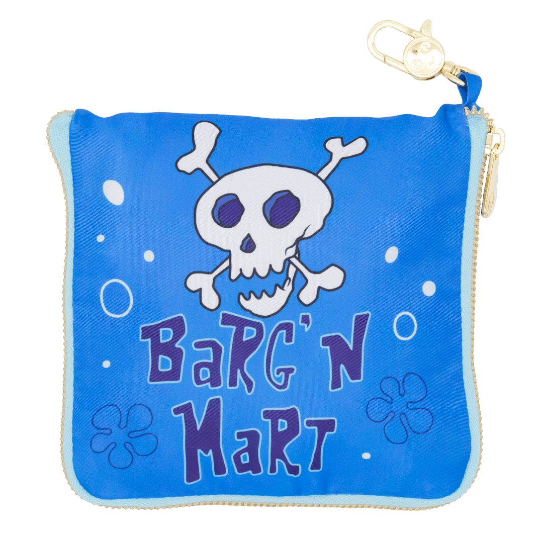 Blue pouch with a skull and crossbones design and 'Barg'n Mart' text on a white background
