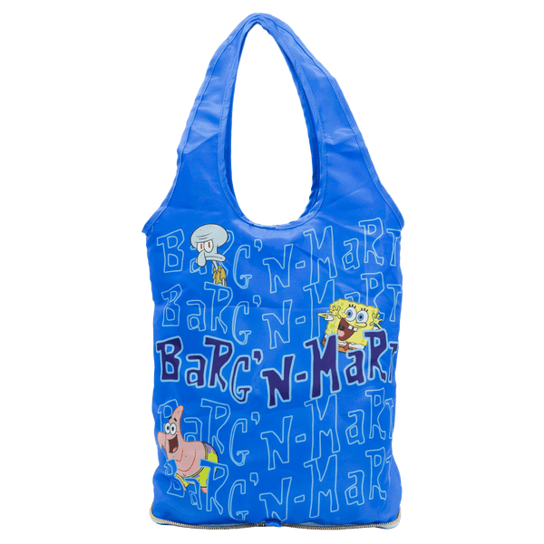Blue reusable bag with cartoon characters and text on a white background
