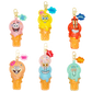 Set of colorful ice cream character bag charms on a white background