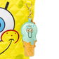 bag charm shaped like a character in an ice cream cone with a yellow character in the background
