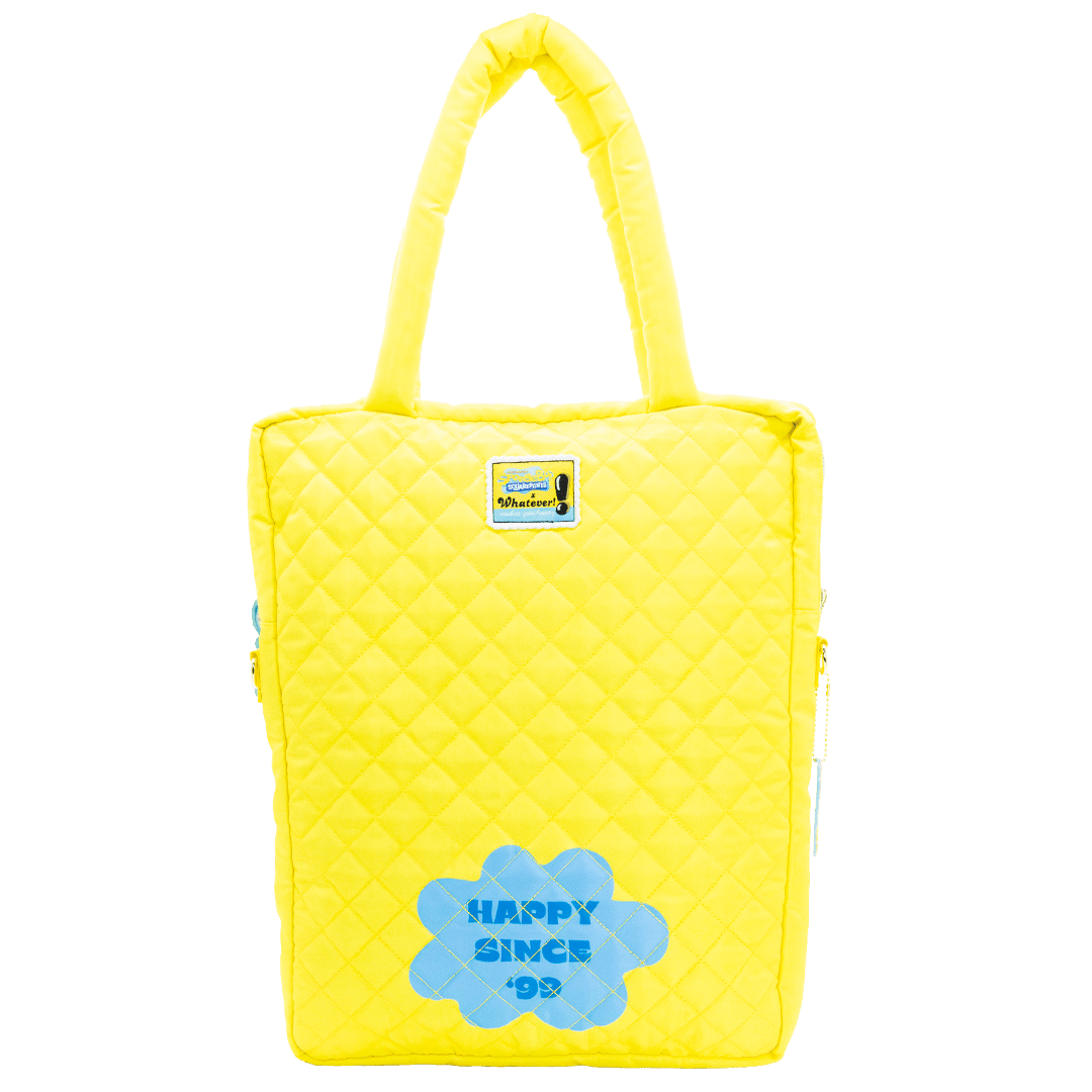 Yellow quilted tote bag with 'Happy Since 98' text on a white background