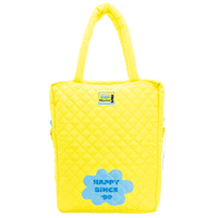 Yellow quilted tote bag with 'Happy Since 98' text on a white background