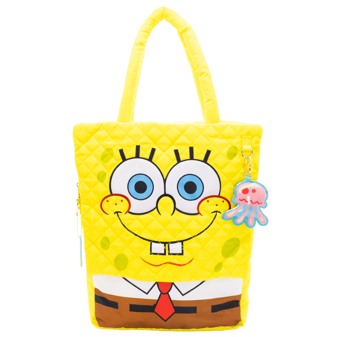 Yellow tote bag with a cartoon character face design on a white background