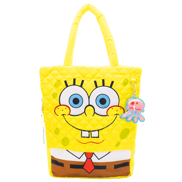 Yellow tote bag with a cartoon character face design on a white background