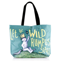 Tote bag with a cat in a crown and text 'Let the Wild Rumpus Start' on a teal background