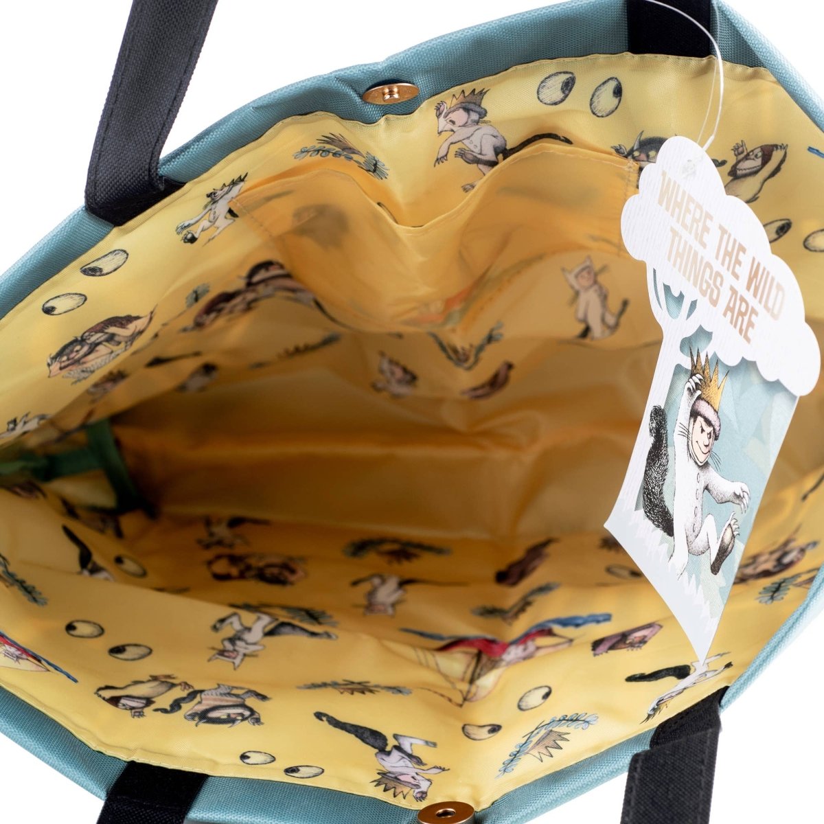 Yellow bag with character print and a tag inside