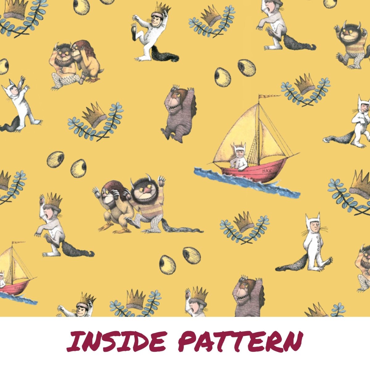 Patterned design with cartoon characters and sailboats on a yellow background, featuring the text 'Inside Pattern'.