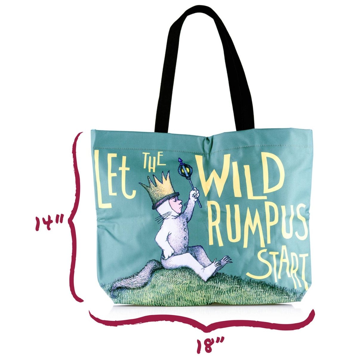 Tote bag with illustration and text 'Let the Wild Rumpus Start' on a white background