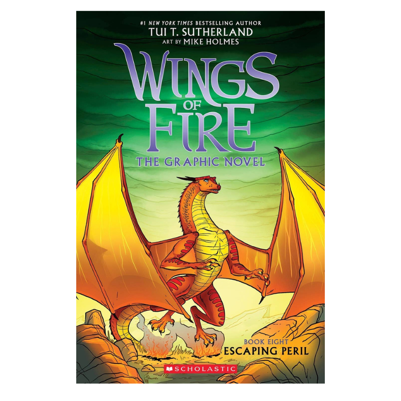 Front cover of the graphic novel 'Wings of Fire: The Graphic Novel' by Tui Sutherland, featuring a red and yellow dragon with large orange wings against a green sky, with the Scholastic logo at the bottom.