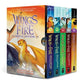 Set of 'Wings of Fire' books with colorful covers and dragon illustrations on a white background.