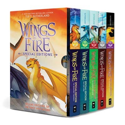 Set of 'Wings of Fire' books with colorful covers and dragon illustrations on a white background.