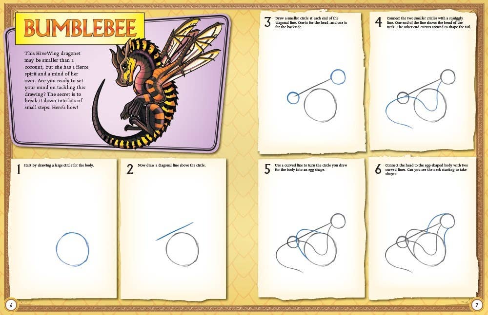 Instructions for drawing a bumblebee with numbered steps on a yellow background